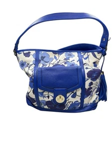 Isaac Mizrahi Blue White Floral Leather Handbag Purse Medium Shoulder bag - Picture 1 of 10