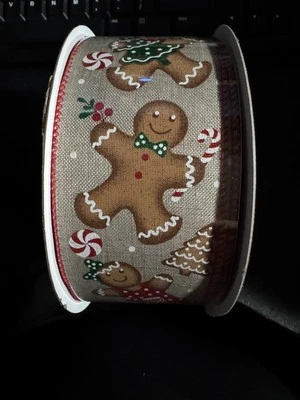 Kirkland Wire-Edged Christmas Ginger Bread man Ribbon 2.5"x 50 yds  Sealed Roll - Image 1 of 2