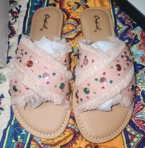 Qupid Athena X-band Embellish Sandals Pink Denim Women's Sz 6 Jewels - Picture 1 of 6