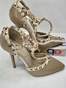 Wild Diva SZ 5 Stiletto Heels Pointy Studded Pumps Strap Beige/Brown Patent - Picture 1 of 7