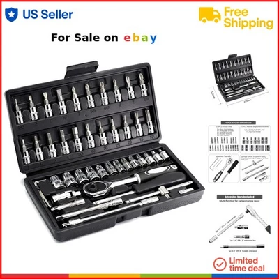 Socket Set Alloy Steel 46pcs 1/4 inch Drive Ratchet Wrench Auto Repair Tools - Image 1 of 4