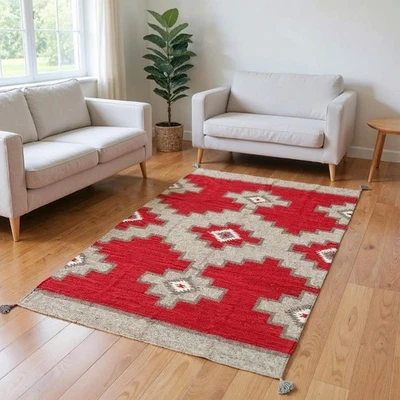 5×8 Ft Red Navajo Wool Kilim Rug Native American style Southwest Aztec Area Rug - Image 1 of 4