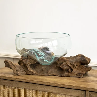 Extra Large Molten Glass Fruit Bowl On Teak Root Stand Rustic Wood Sculpture - Image 1 of 4