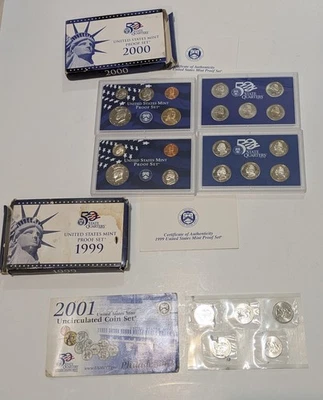 1999, 2000 US Mint Proof Set Lot + 2001 Uncirculated Set - Image 1 of 4