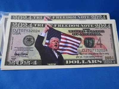 WHOLESALE LOT OF 100 DONALD TRUMP SHOT FIGHT FREEDOM 2024 MONEY NOVELTY USA MAGA - Image 1 of 2