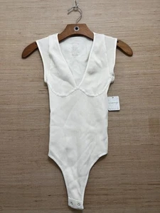 Free People Bodysuit Womens L XL Ivory Deep V Ribbed Snap Crotch Intimately New - Picture 1 of 4