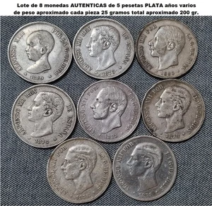 PLATA INVERSIÓN lote de 8 monedas de 5 Pesetas AÑOS VARIOS. Peso 200 gr. - Bild 1 von 2