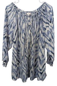 Chicos Womens Blue/White Pattern Half Snap Ruffled Blouse 3/4 Sleeve Size 3 - Picture 1 of 7