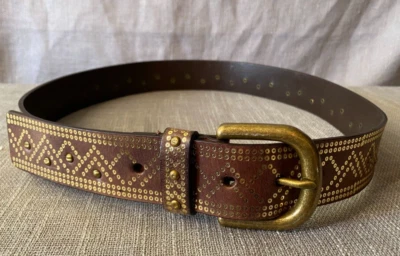 Gold EMBOSSED Brown LEATHER BELT Studded Geometric Brass Medium 32" - 36" Fit - Image 1 of 4