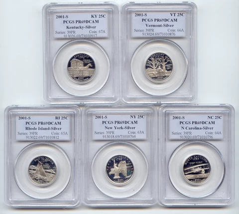 2001-S Silver Proof State Quarter Set, PCGS PR-69 DCAM, KY, VT, RI, NY, NC Cover