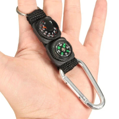 Hiking Mini Compass Thermometer Key chain Metal Carabiner Keyring - Image 1 of 4