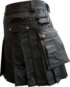 Genuine Cow Leather Pleated Kilt/LARP with Two Side Cargo Pockets unisex