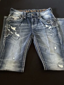Rock Revival Jeans Grotto Straight Blue Distressed Jeans Men Sz 32 NWOT Rare - Picture 1 of 4