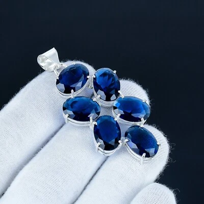 Zaffiro Blu Lab-Made Gemma a Mano 925 Argento Sterling Etnico Ciondolo Regalo - Immagine 1 di 4