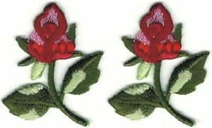 Lot 2 1 1/8" x 1 1/2" Red Rose Spring Flower Embroidery Patch - Picture 1 of 1