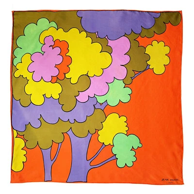 JEAN PATOU Paris Silk Scarf Mod Trees Vibrant Peter Max Style 30" Square Vintage - Image 1 of 4