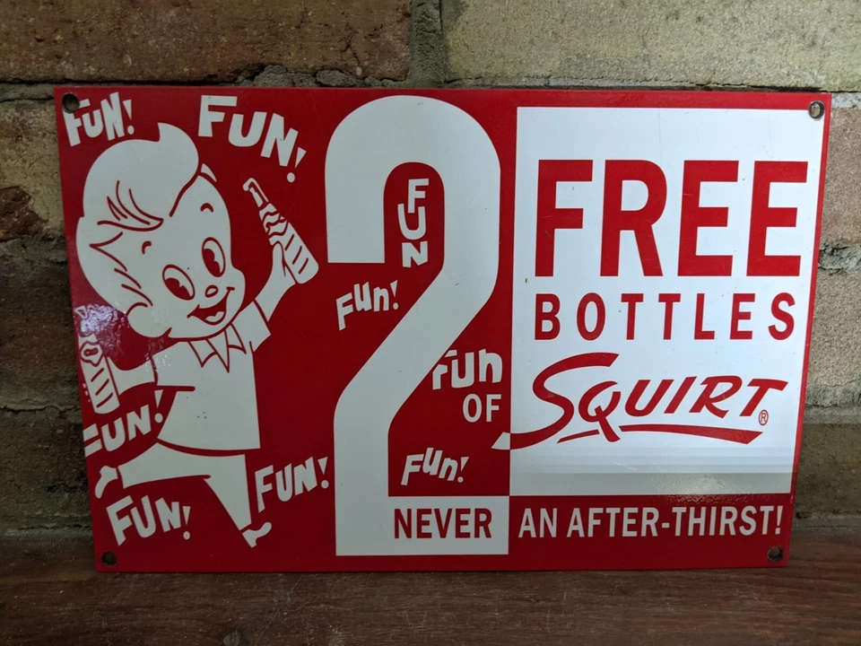 LETRERO DE GASOLINERA VINTAGE SQUIRT COLA PORCELANA ESMALTE SODA AÑOS 50 12" X 8" Foto 1 de 4