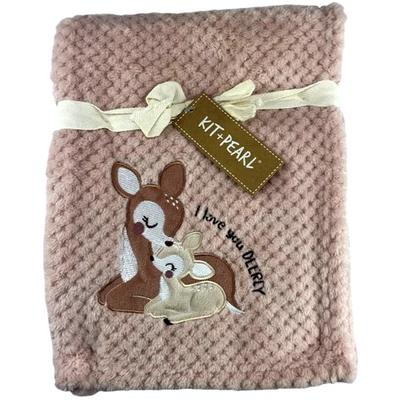 Kit & Pearl Pink Mommy & Me Baby Blanket I Love You Deerly Textured Fleece NWT - Image 1 of 3