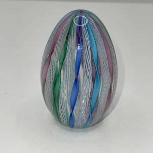 Vintage Murano Egg Shape Multi-Color Ribbon Latticino Glass Paperweight - Picture 1 of 5