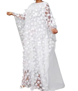 HD African Women's Applique Chiffon Kaftan Dress, w/ Tank Lining, White,One Size - Picture 1 of 4