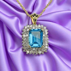 Blue Topaz & Natural Diamond Necklace in 10K Gold -18"- Double Halo Diamond 3.1g - Picture 1 of 24