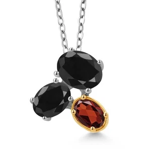 925 Silver and 10K Yellow Gold Black Sapphire and Garnet Pendant Necklace For - Picture 1 of 4
