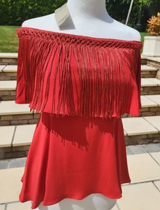 Coast off-the-shoulder Bardot Bandeau top size 12 fringe detail brick red New - Picture 1 of 13