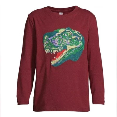 Lands' End Red T-Rex Dinosaur Embroidered Graphic Tee Top Long Sleeve XL 14-16 - Image 1 of 4