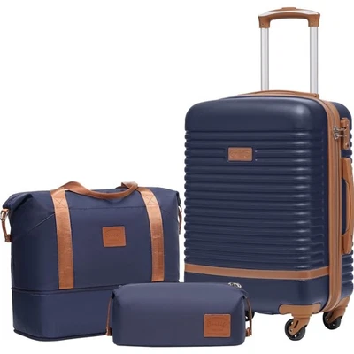 Koffer Set 3-tlg Hartschale TSA Rollen Reisetasche Handgepäck Blau Braun - Bild 1 von 2