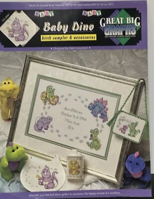 Great Big Graphs Baby Dino Birth Sampler & Accessories Cross Stitch Vintage - Image 1 of 2
