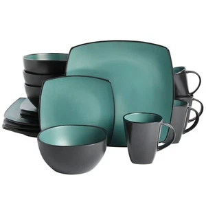 Gibson Soho Lounge Square 16-Piece Dinnerware Set - Matte Reactive - Jade - Picture 1 of 6