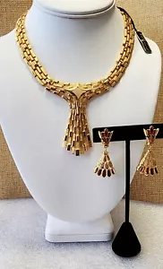 Crown Trifari Double Clasp Lucerne Drop Gold Tone Necklace, Earring Set NWT B636 - Picture 1 of 17