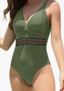 Womens Green onepiece swim suit with gold accent full coverage beach summer(2XL) - Picture 1 of 4