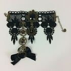 Steampunk Slave Bracelet Black Lace Brace Tone Cogs Faux Clock Adjustable Ring