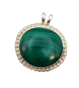 Large Malachite Gemstone Framed Cabachon Pendant Sterling Silver, 1.5 in - Picture 1 of 3