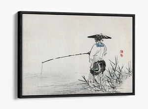FISHERMAN BY KONO BAIREI, JAPANESE -FLOAT EFFECT FRAMED CANVAS WALL ART PRINT - Picture 1 of 12