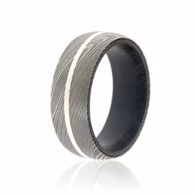 New 8mm Wide Damascus Steel Ring with African Black Wood Sleeve and Sterling Sil - Image 1 of 4