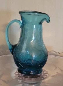 Blue Crackle Glass Pitcher 4 inches. Possibly Kanawha manufacturer. Hand blown. - Picture 1 of 6