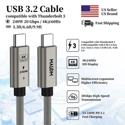 USB3.2 240W USB-C PD Fast Charging Cable 20Gbps Data 4K Display for MacBook Pro - Image 1 of 4