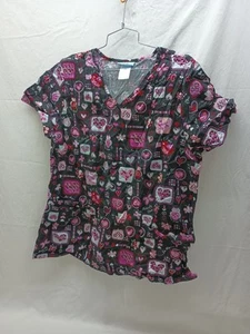 Womens Scrub Top Valentines Day Size Large Black Pink Red Hearts - Picture 1 of 7