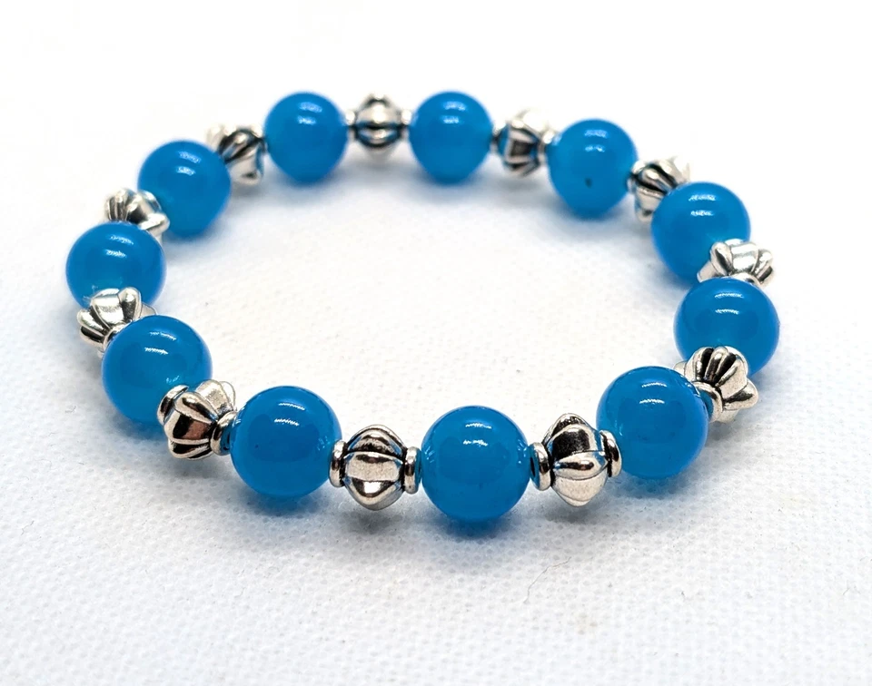 Pulsera elástica elástica 10 mm azul jade y plata tibetana bolsa de regalo mujer regalo Foto 1 de 1