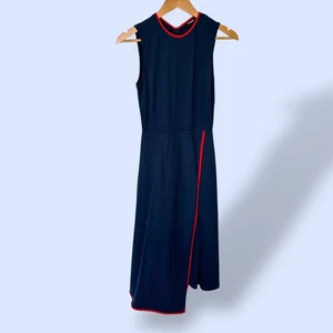 eShakti Navy Blue Dress Sleeveless Asymmetric Hem Red Trim Pockets Size 0 - Picture 1 of 8