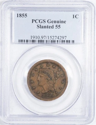 Centavo grande cabello trenzado 1855 PCGS genuino - soporte único - muy buen estado Foto 1 de 4