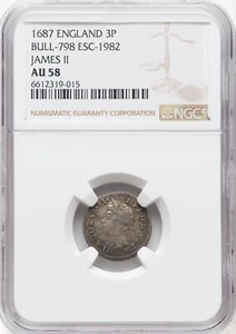 England - 1687 James II Maundy 3 pence - NGC AU58 - FINEST GRADED - TOP POP! - Picture 1 of 2