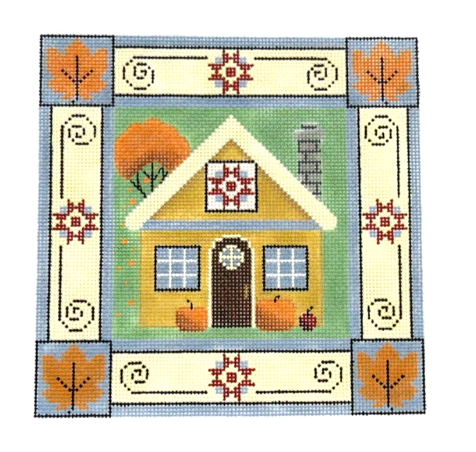 Rebecca Wood Fall Pumpkin House Square Handpainted Needlepoint Canvas 13 count - Image 1 of 1