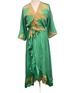 Green DRESS Long Wrap 60s 70s Revival Boho hippy Festival maxi Sari-Silk UK 8-14