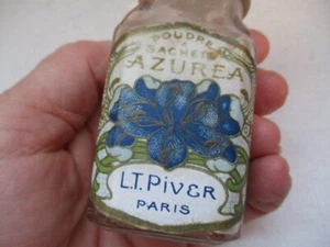 Antq Powder Bottle - Poudre Sachet Azurea LT Piver Paris - Glass Top & Contents - Picture 1 of 9