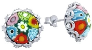 ALAN K MURANO MILLEFIORI Round Faceted Cz Stones Surrounded Stud Silver Earrings - Bild 1 von 5