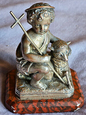 Statue Saint Jean-Baptiste Enfant  Régule Ou Cuivre Argenté  Socle Albâtre Peint • 65€