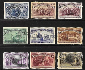 US Scott #230-237 Used Columbians w/ "broken hat", Ungraded, generally sound - Picture 1 of 2